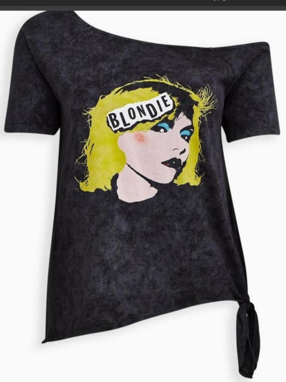 Blondie Goodie Two Sleeves Off the Shoulder Side Tie Black Wash Graphic Tee